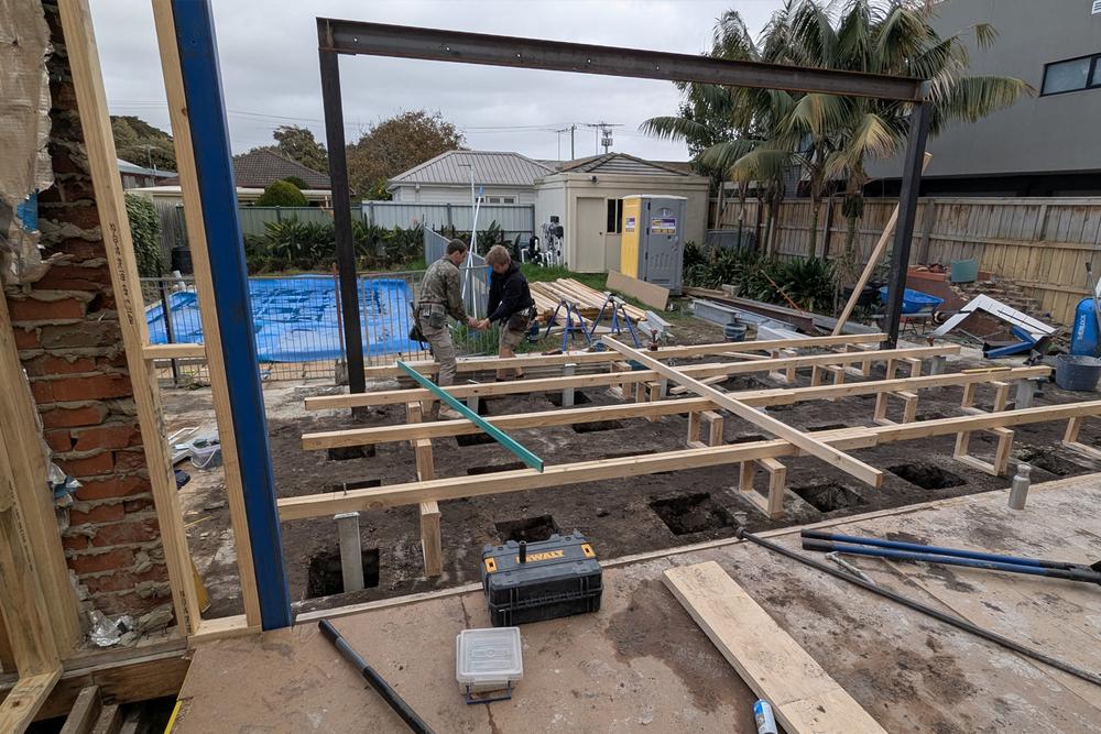 An extension to an existing house being constructed in Seaholme, Melbourne