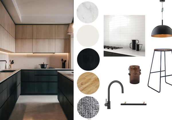 Black and darker wood with black fittings. White tiles