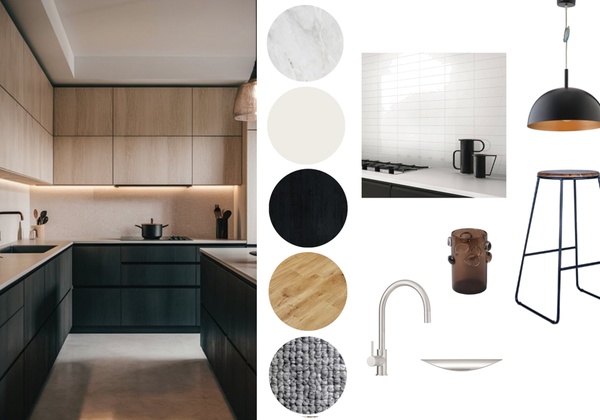 Black and darker wood with black and chrome fittings. White tiles