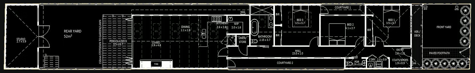 Floor plan — 3 bedroom + studio, 6m wide lot